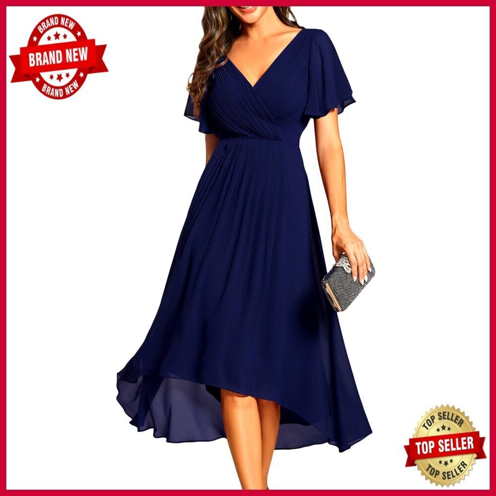 Chiffon Pleated V-Neck Cocktail Dress Elegant Formal Wedding Guest Wear